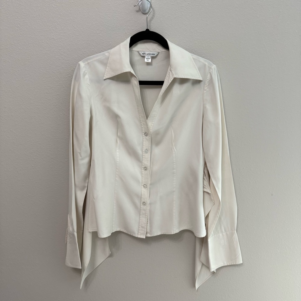 St John Blouse 4 White Silk Fitted Tie in Back Bright Shirt Button Up V-Neck Top
